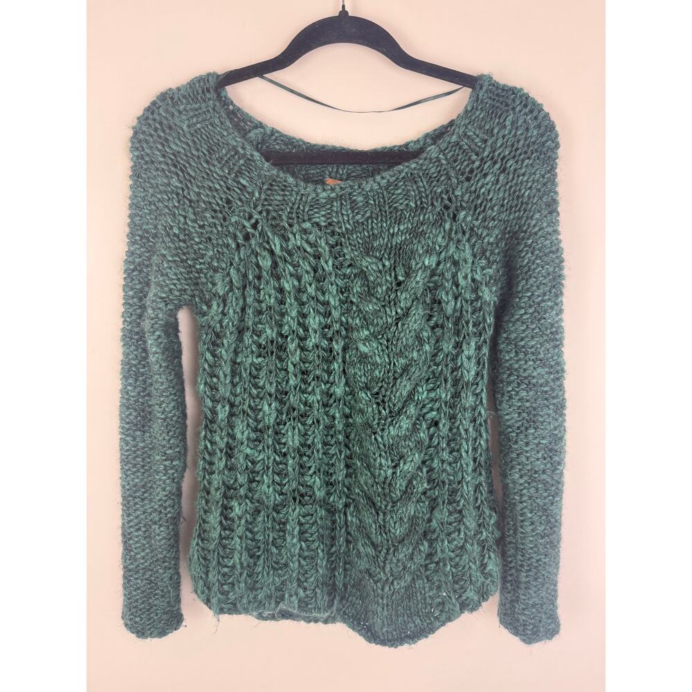 Free People Womens Chunky Cable Knit Wool Mohair Long Sleeve Green Sweater XS